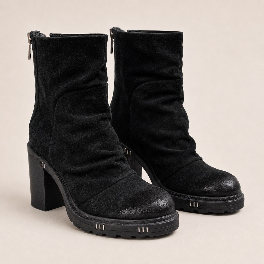 Freebird Suede Slouchy Ankle Boots Block Heel Lug Sole Black 36 Goth Grunge Boho